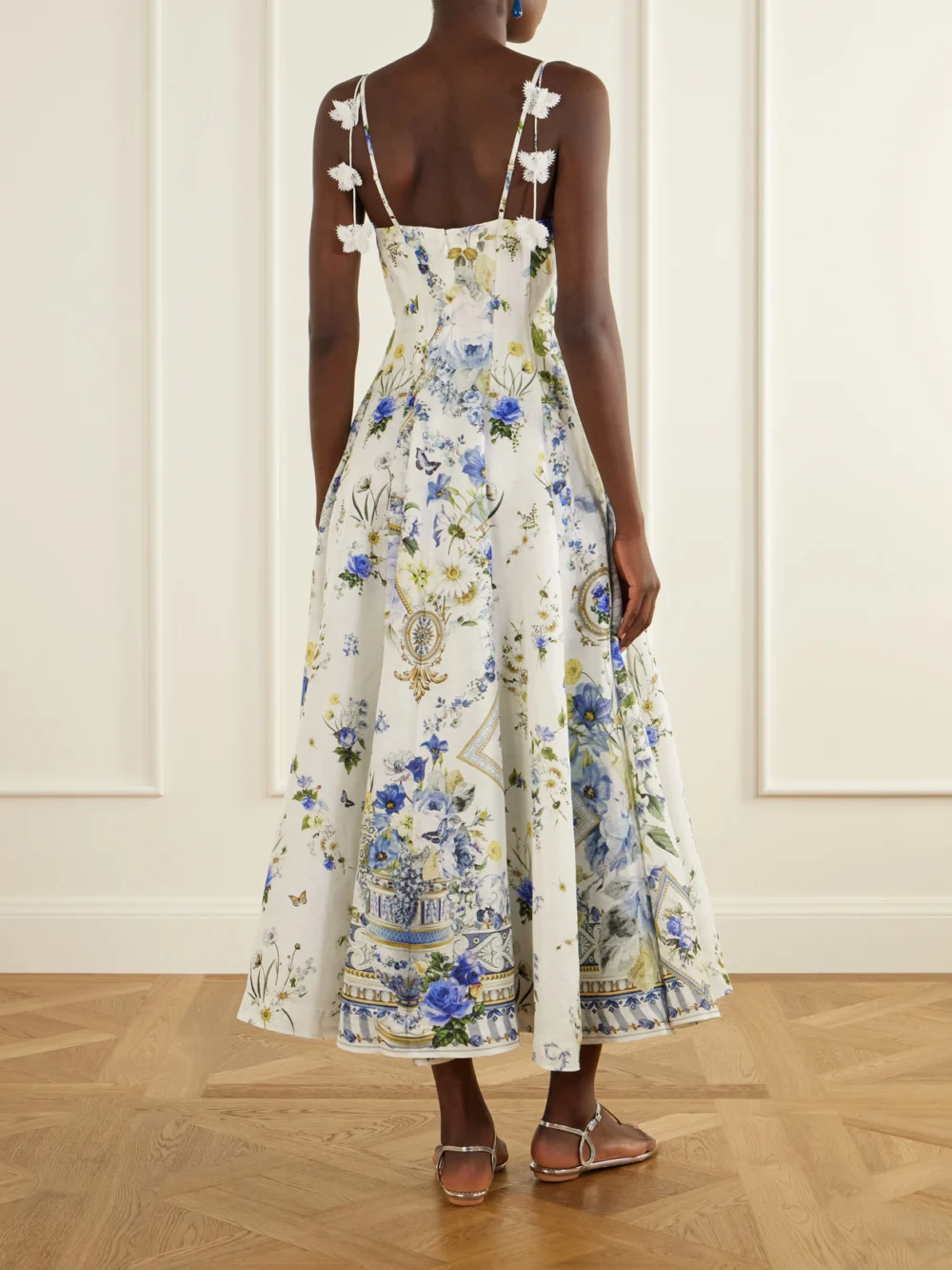 Back view of the Camilla Embellished Floral-print Linen and Silk-blend Midi Dress