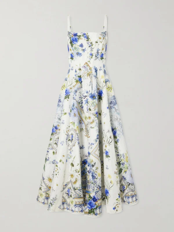 Camilla Embellished Floral-print Linen and Silk-blend Midi Dress