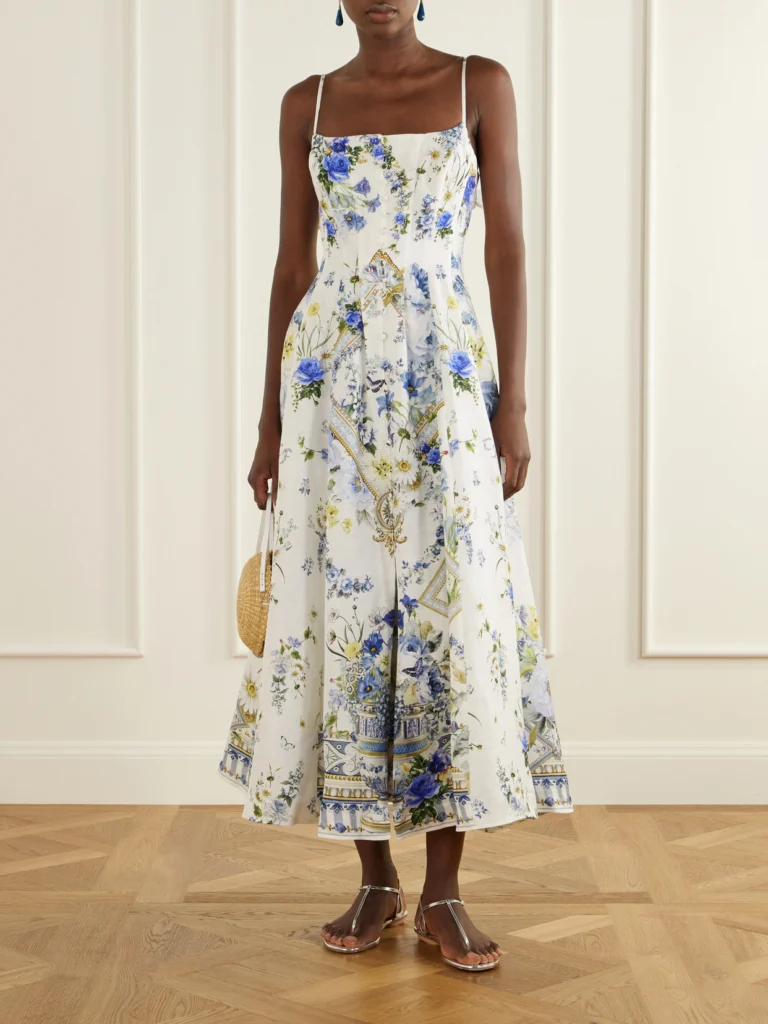 Camilla Embellished Floral-print Linen and Silk-blend Midi Dress