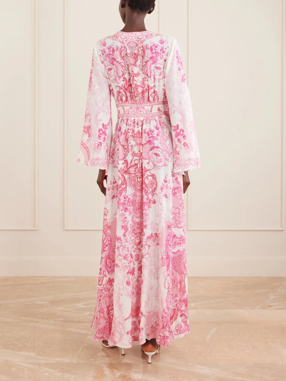 Back view of the Camilla Embellished Floral-print Silk-crepe Maxi Dress