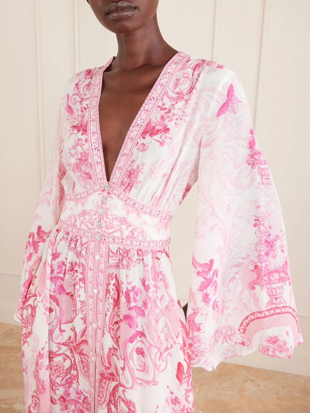 Close-up detail of the Camilla Embellished Floral-print Silk-crepe Maxi Dress