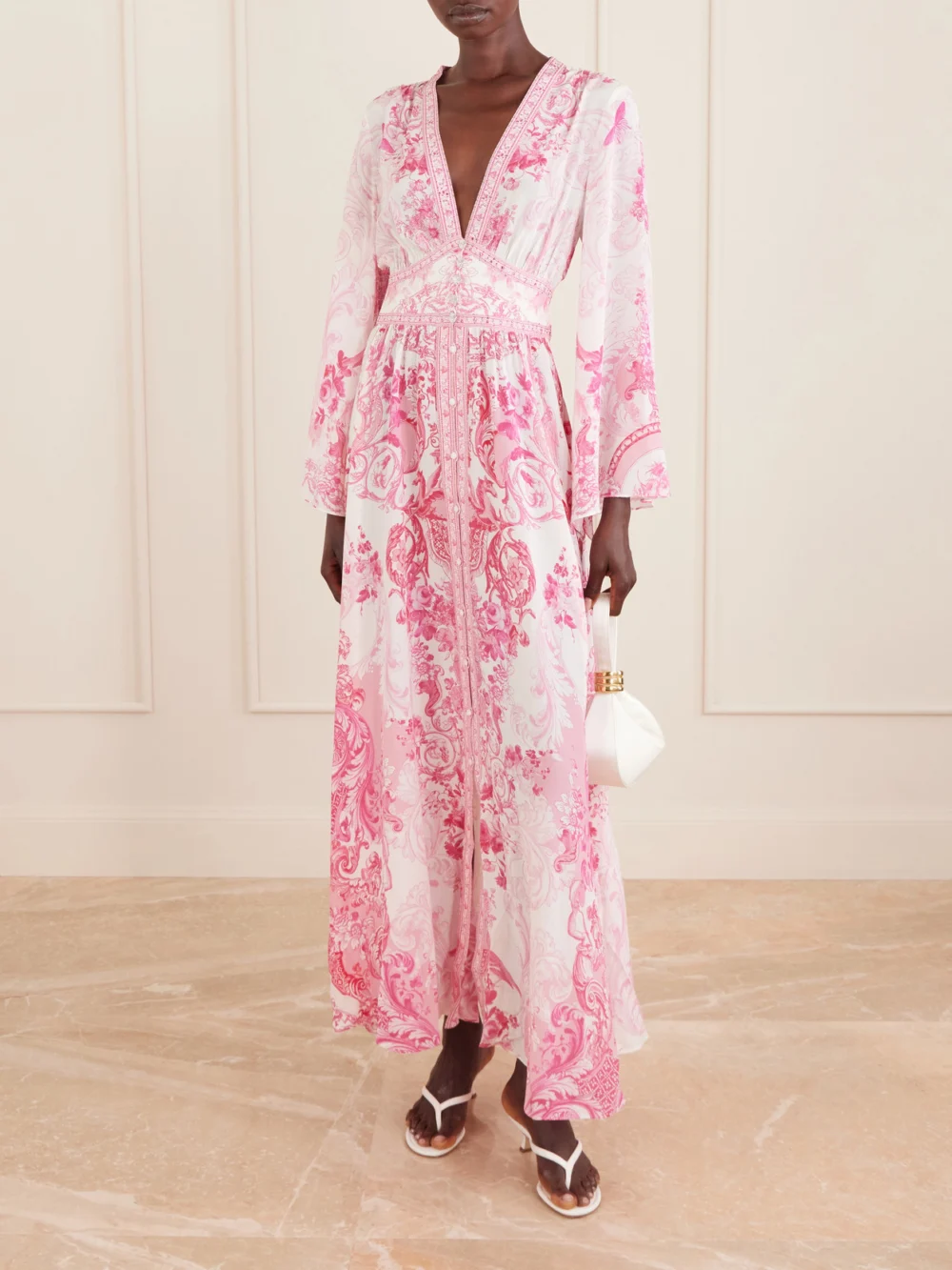 Camilla Embellished Floral-print Silk-crepe Maxi Dress, worn by a model
