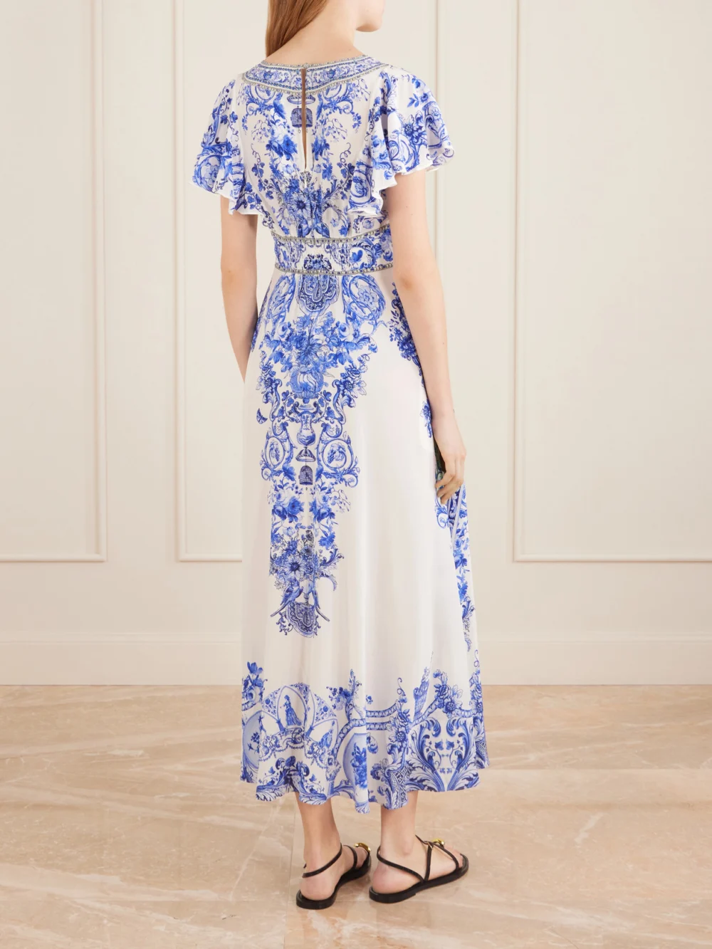 Back view of the Camilla Embellished Printed Ruffled Silk-crepe Midi Dress