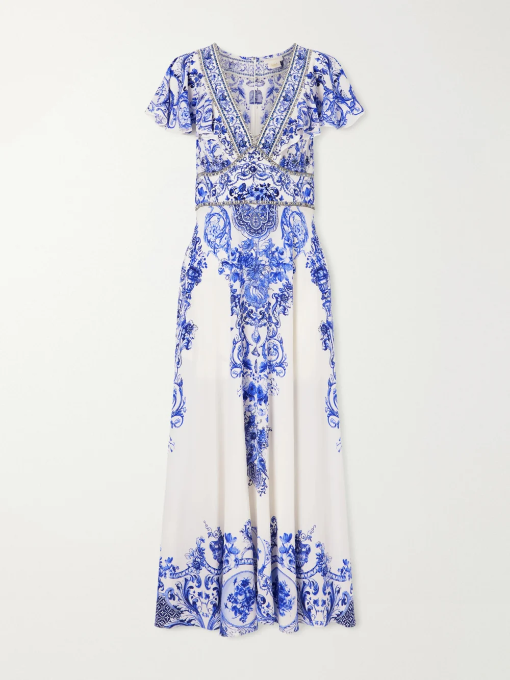 Camilla Embellished Printed Ruffled Silk-crepe Midi Dress in blue