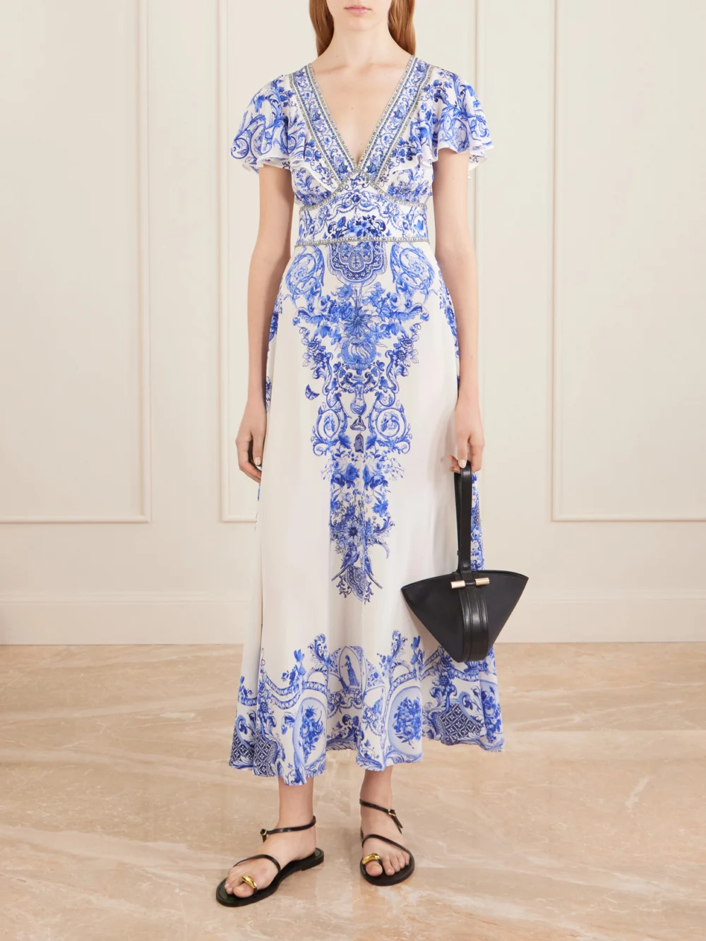 Camilla Embellished Printed Ruffled Silk-crepe Midi Dress, worn by a model