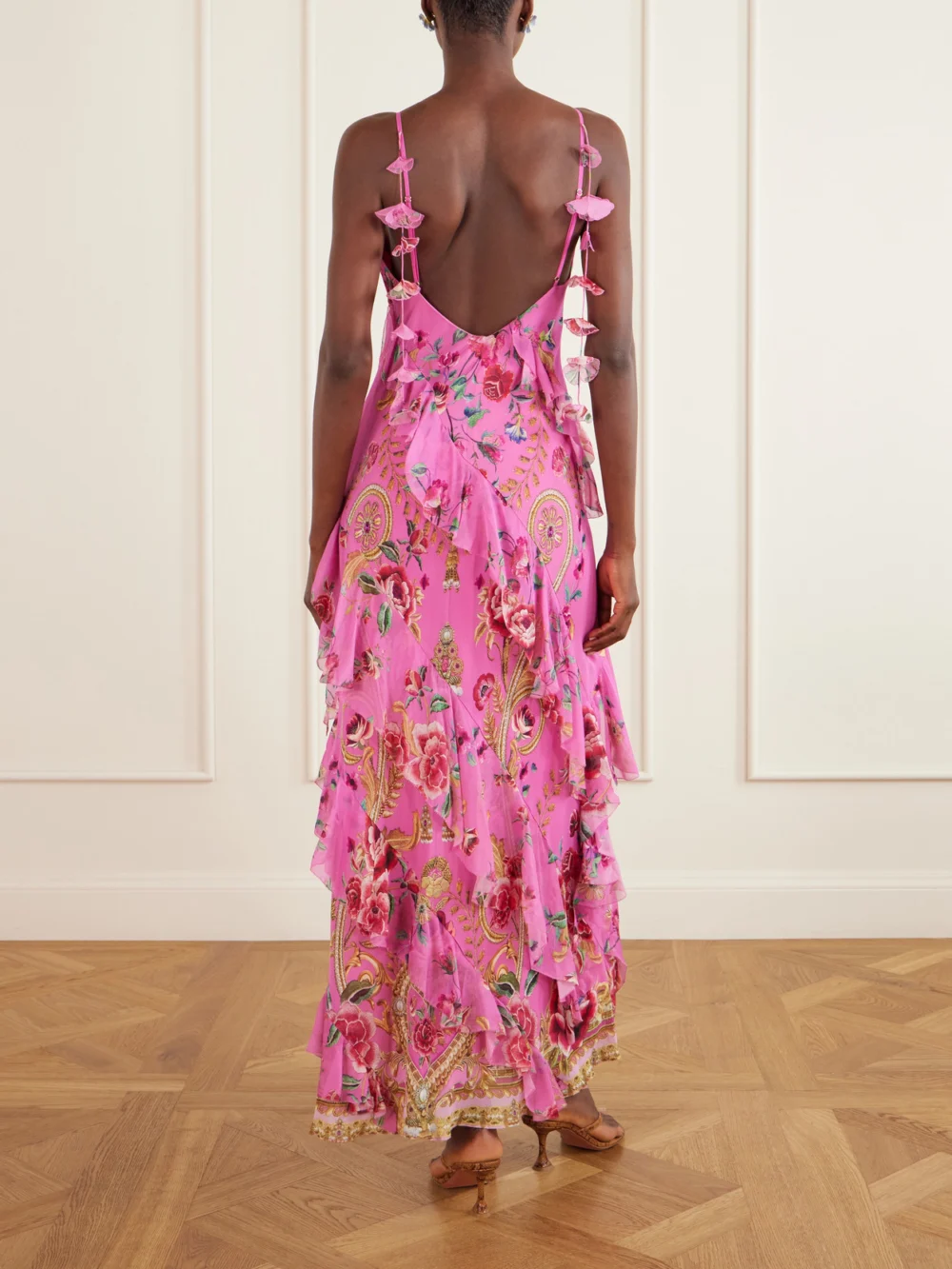 Back view of the Camilla Embellished Ruffled Silk-georgette Maxi Dress