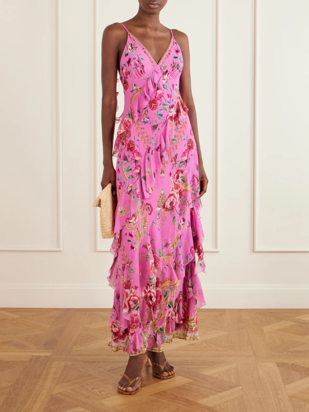 Camilla Embellished Ruffled Silk-georgette Maxi Dress, worn by a model
