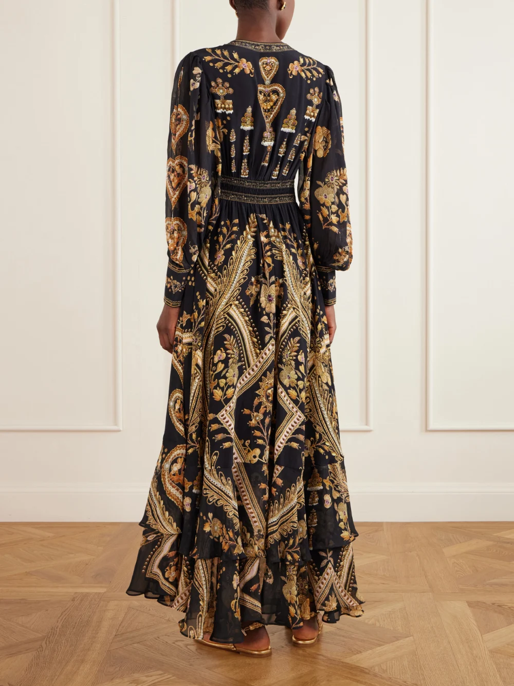 Back view of the Camilla Embroidered Printed Silk-crepe Maxi Dress