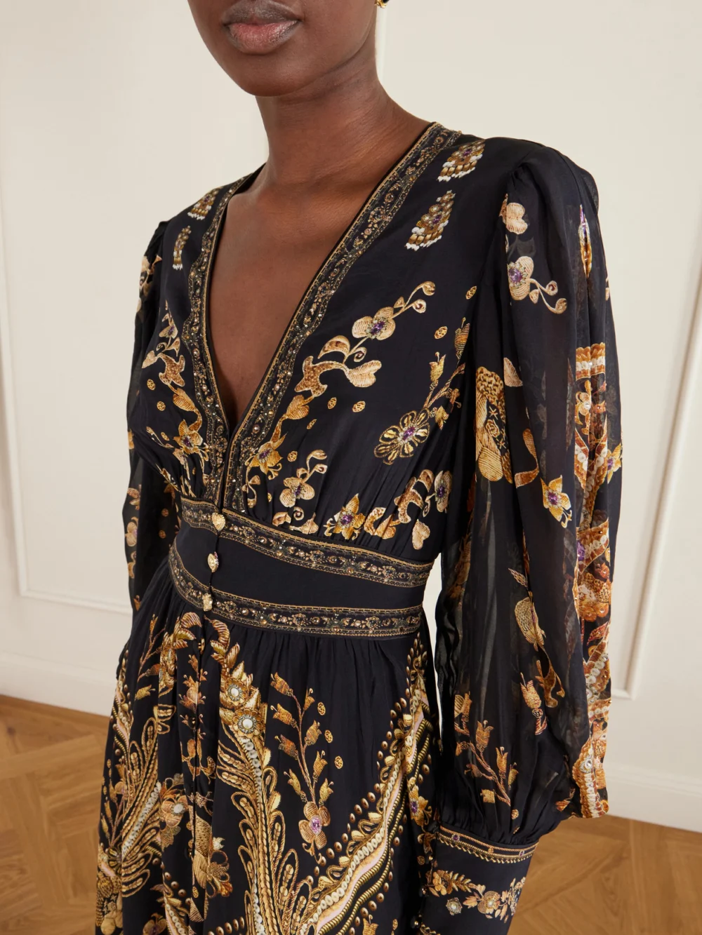 Close-up detail of the Camilla Embroidered Printed Silk-crepe Maxi Dress