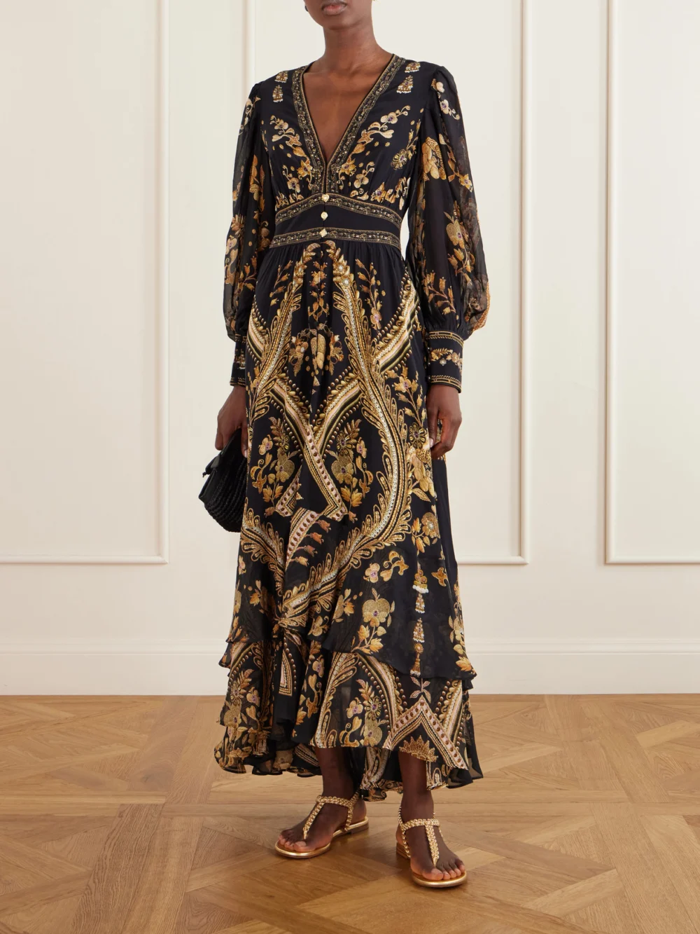 Camilla Embroidered Printed Silk-crepe Maxi Dress, worn by a model