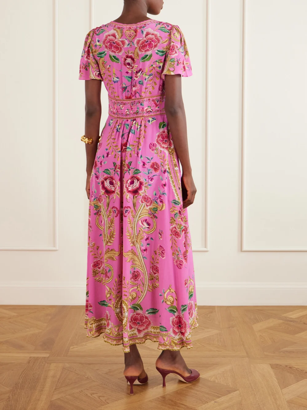 Back view of the Camilla Embroidered Printed Silk Maxi Dress