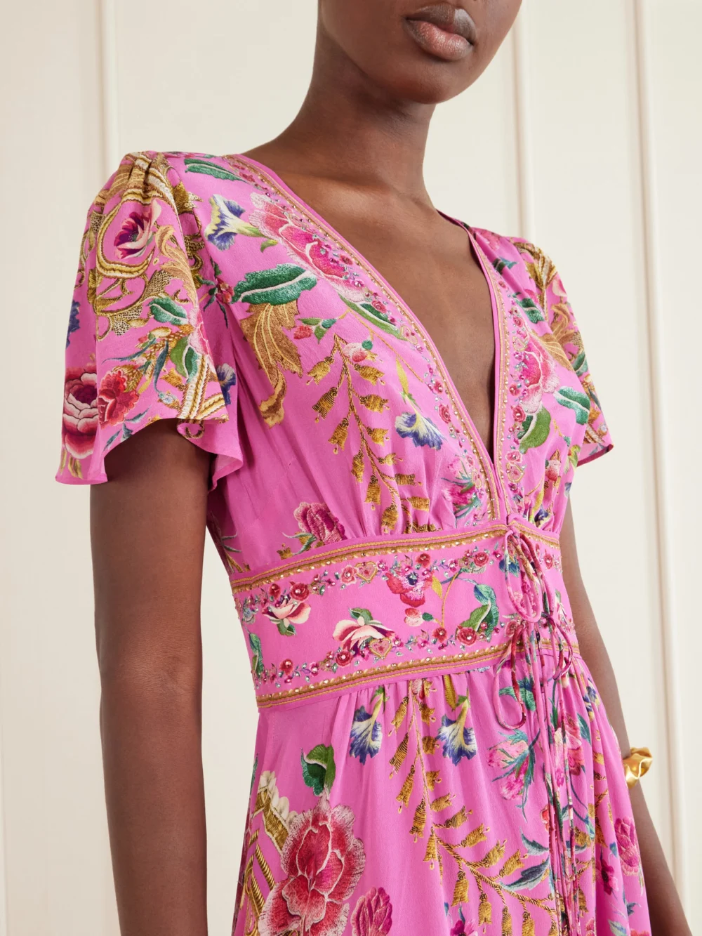 Close-up detail of the Camilla Embroidered Printed Silk Maxi Dress