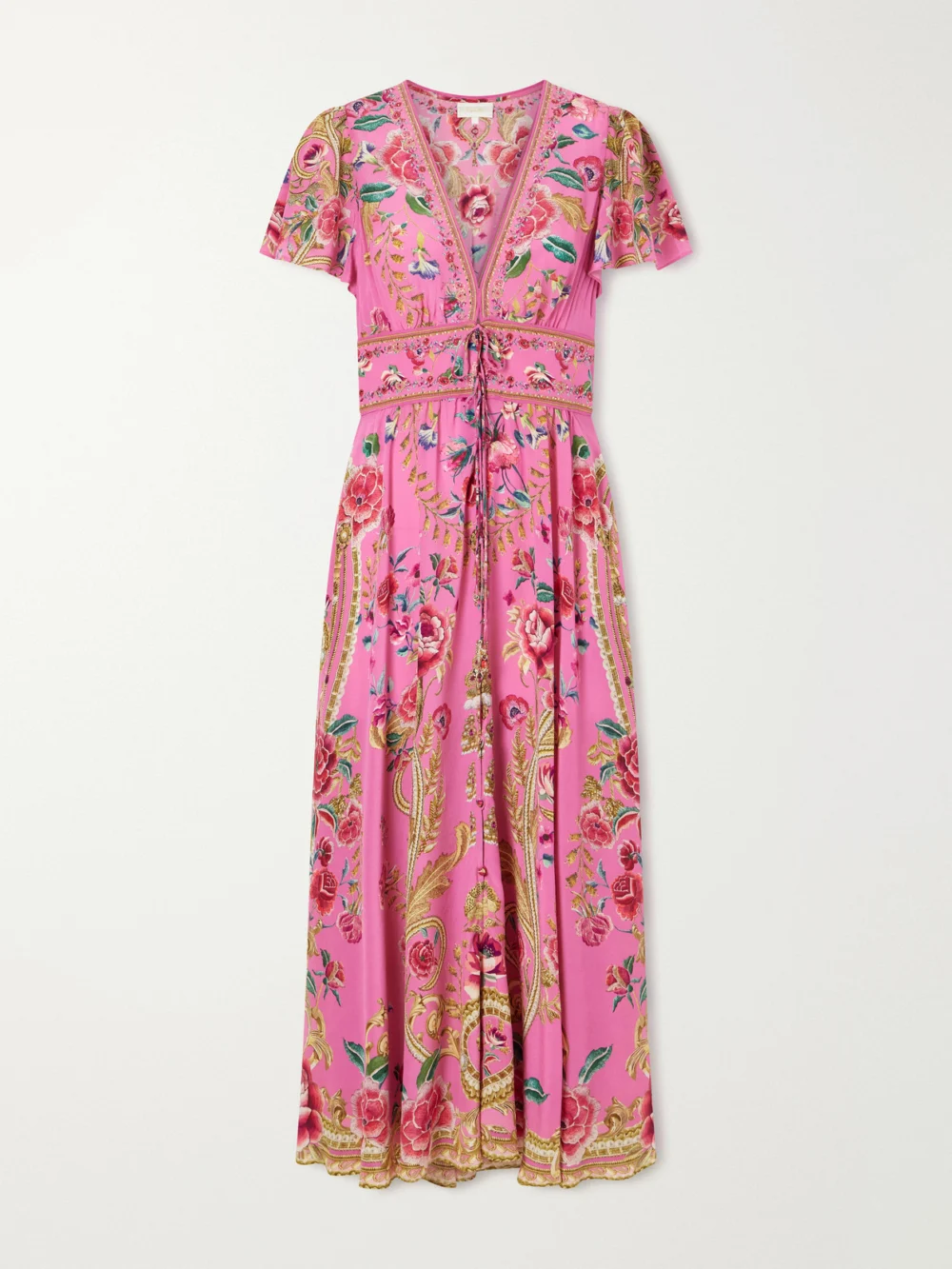 Camilla Embroidered Printed Silk Maxi Dress in pink