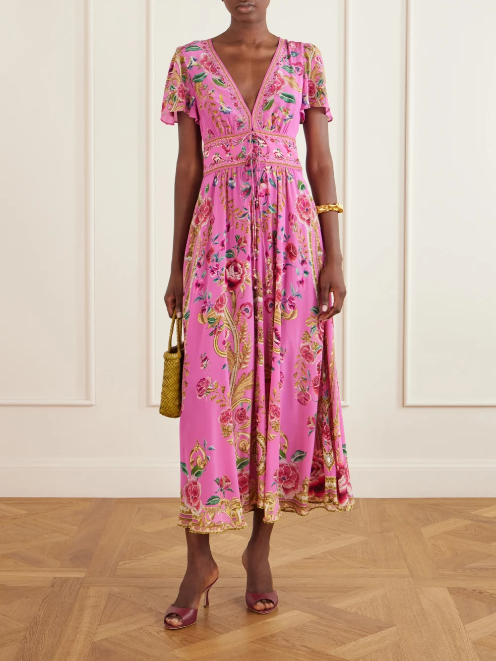 Camilla Embroidered Printed Silk Maxi Dress, worn by a model