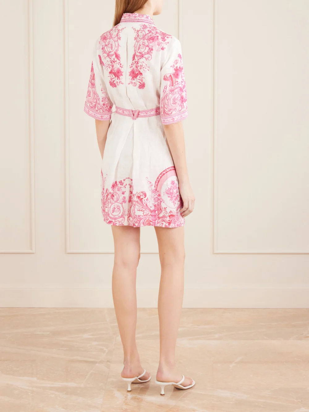 Back view of the Camilla Floral-print Embellished Linen Mini Dress
