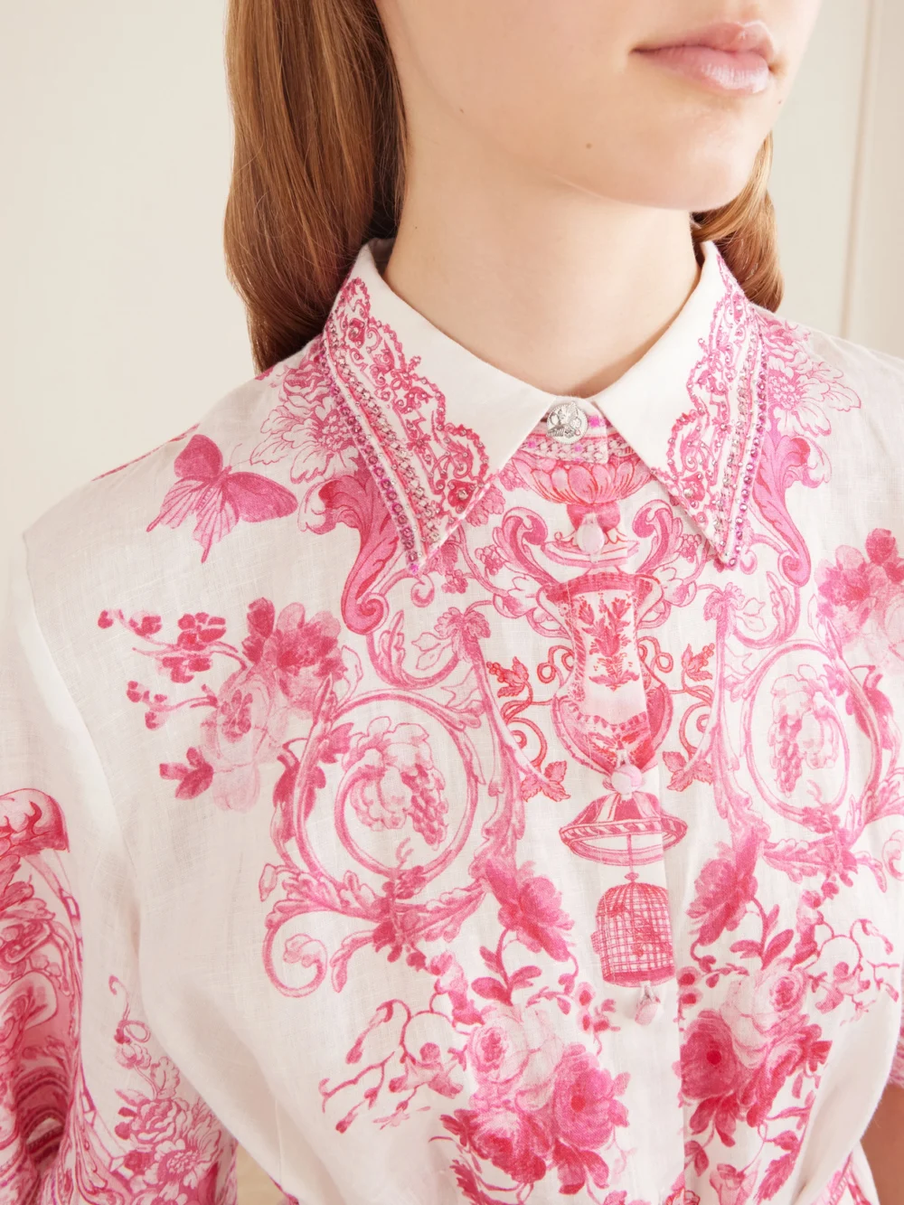 Close-up detail of the Camilla Floral-print Embellished Linen Mini Dress