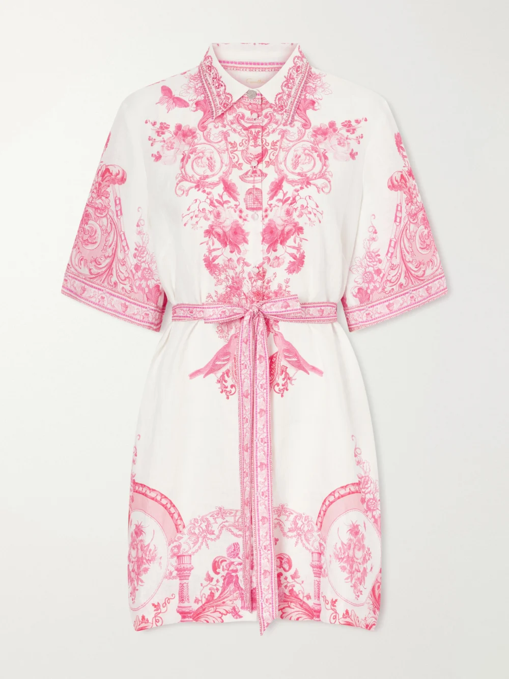 Camilla Floral-print Embellished Linen Mini Dress in pink