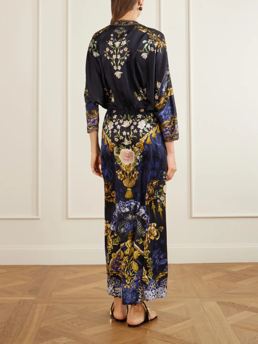 Back view of the Camilla Gathered Embellished Printed Silk Maxi Dress