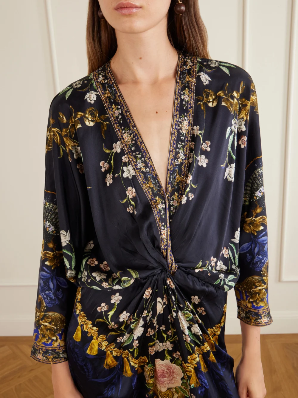 Close-up detail of the Camilla Gathered Embellished Printed Silk Maxi Dress