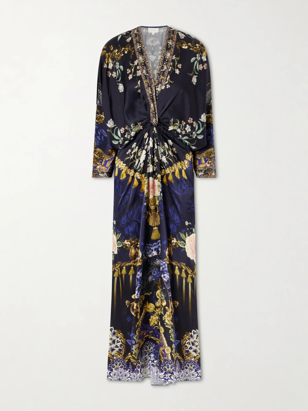 Camilla Gathered Embellished Printed Silk Maxi Dress in blue