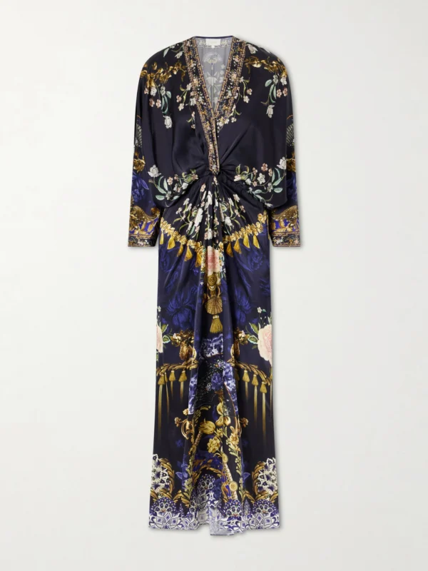 Camilla Gathered Embellished Printed Silk Maxi Dress