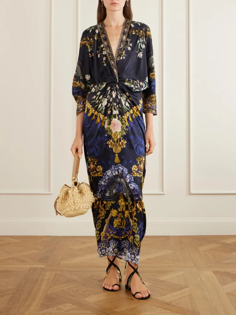 Camilla Gathered Embellished Printed Silk Maxi Dress