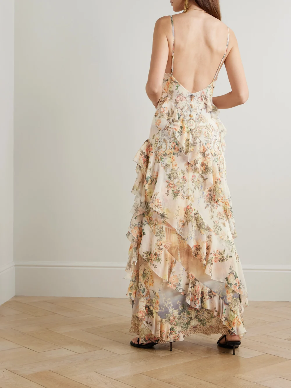 Back view of the Camilla Lace-trimmed Ruffled Floral-print Silk-chiffon Maxi Dress