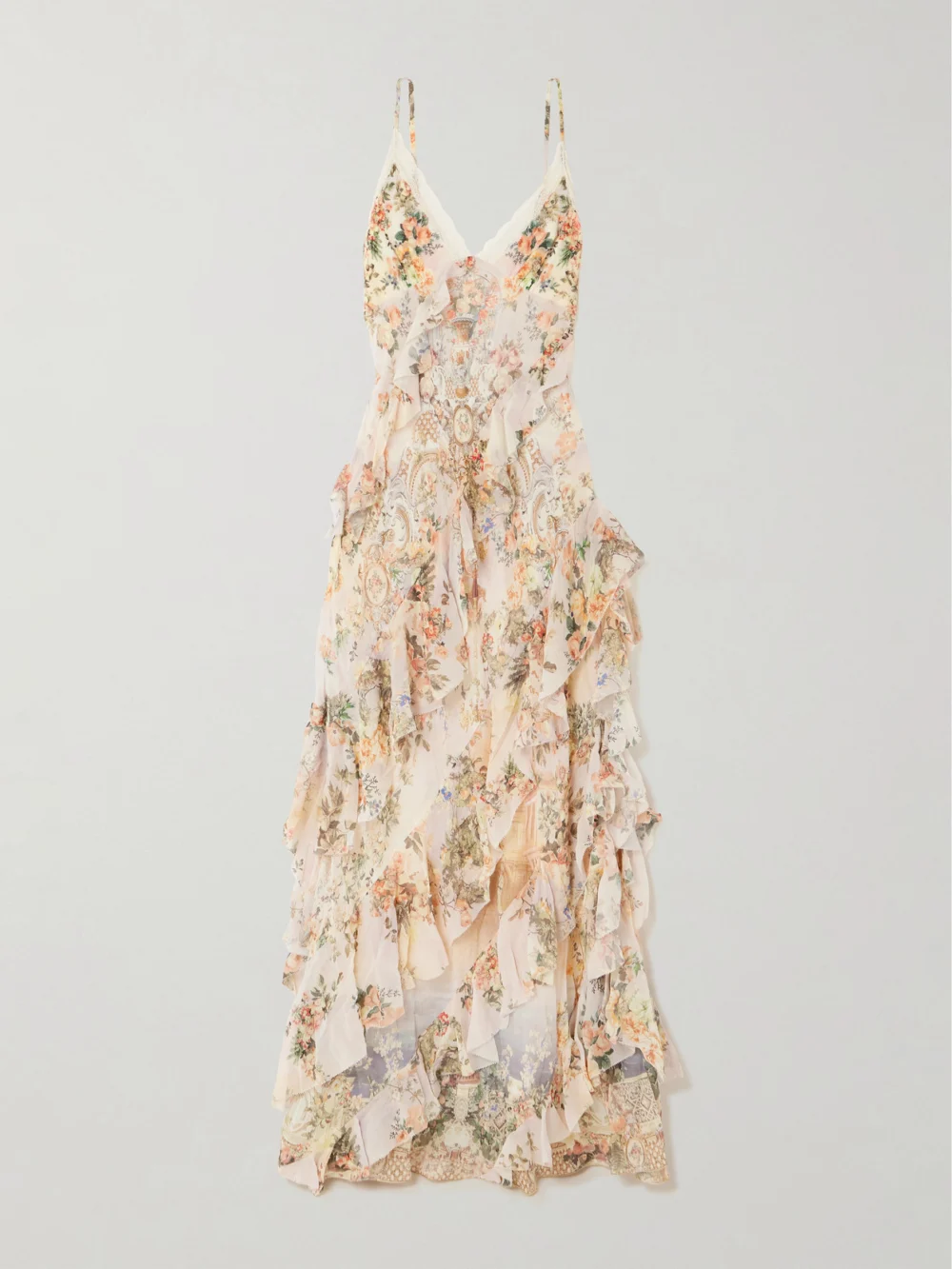 Camilla Lace-trimmed Ruffled Floral-print Silk-chiffon Maxi Dress in multi