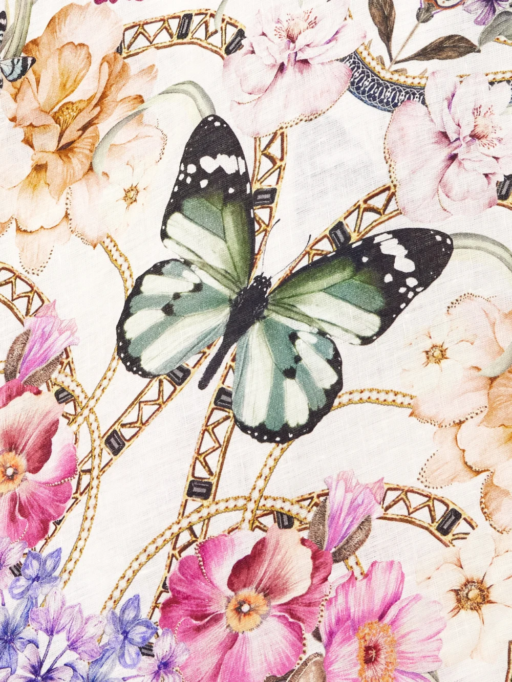 Close-up detail of the Camilla Monserate Magic Crystal-embellished Floral-print Linen Maxi Dress