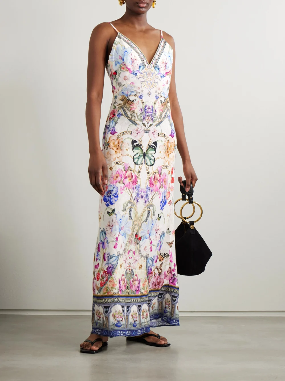 Camilla Monserate Magic Crystal-embellished Floral-print Linen Maxi Dress, worn by a model