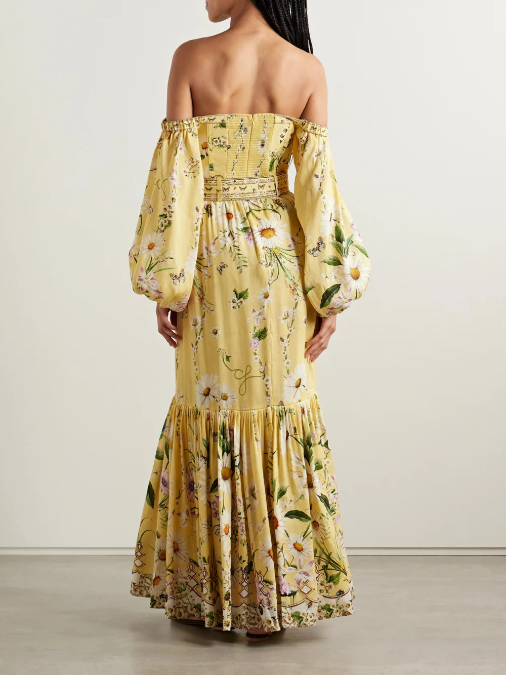 Back view of the Camilla Off-the-shoulder Gathered Floral-print Linen and Silk-blend Maxi Dress
