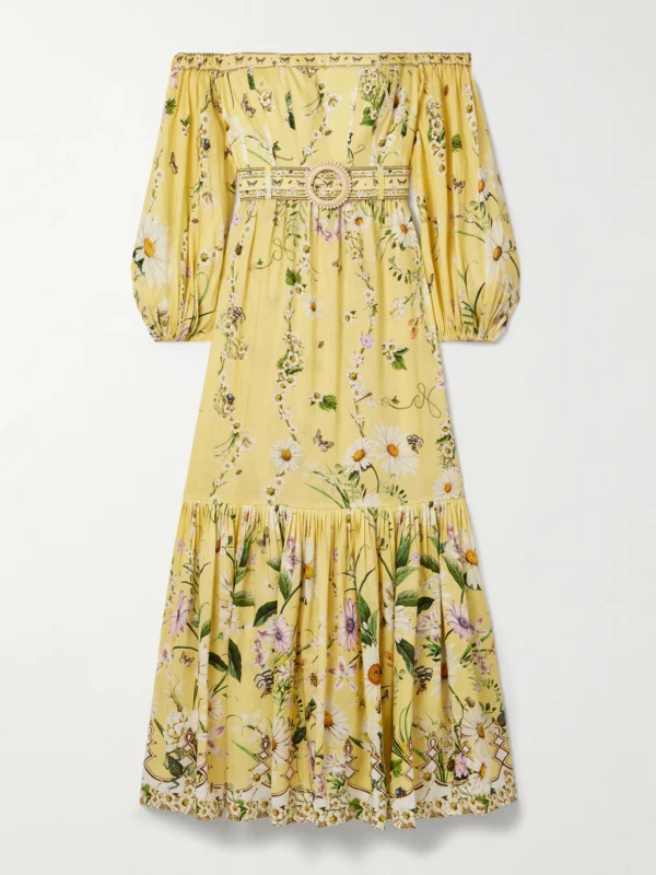 Camilla Off-the-shoulder Gathered Floral-print Linen and Silk-blend Maxi Dress