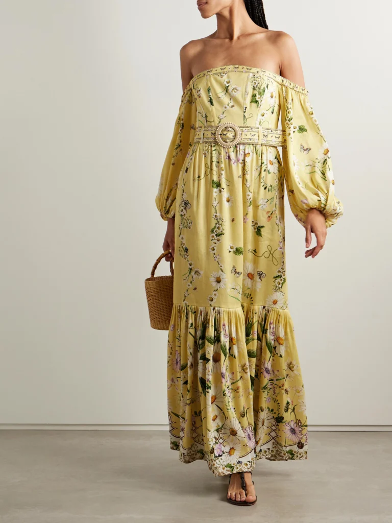 Camilla Off-the-shoulder Gathered Floral-print Linen and Silk-blend Maxi Dress