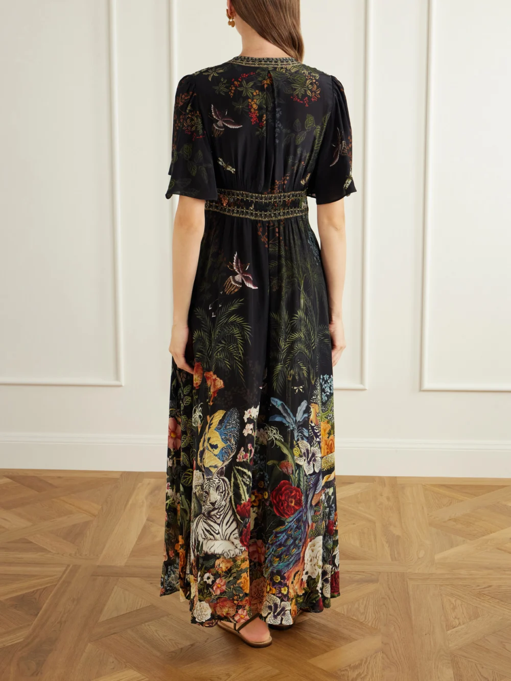 Back view of the Camilla Palace Zoology Embellished Printed Silk Maxi Dress