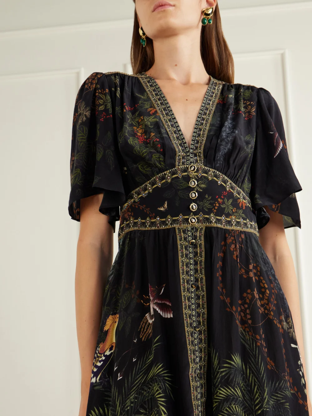 Close-up detail of the Camilla Palace Zoology Embellished Printed Silk Maxi Dress