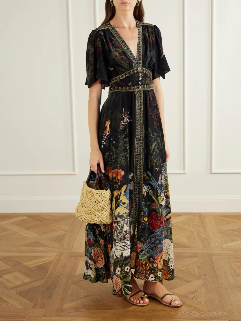 Camilla Palace Zoology Embellished Printed Silk Maxi Dress, worn by a model