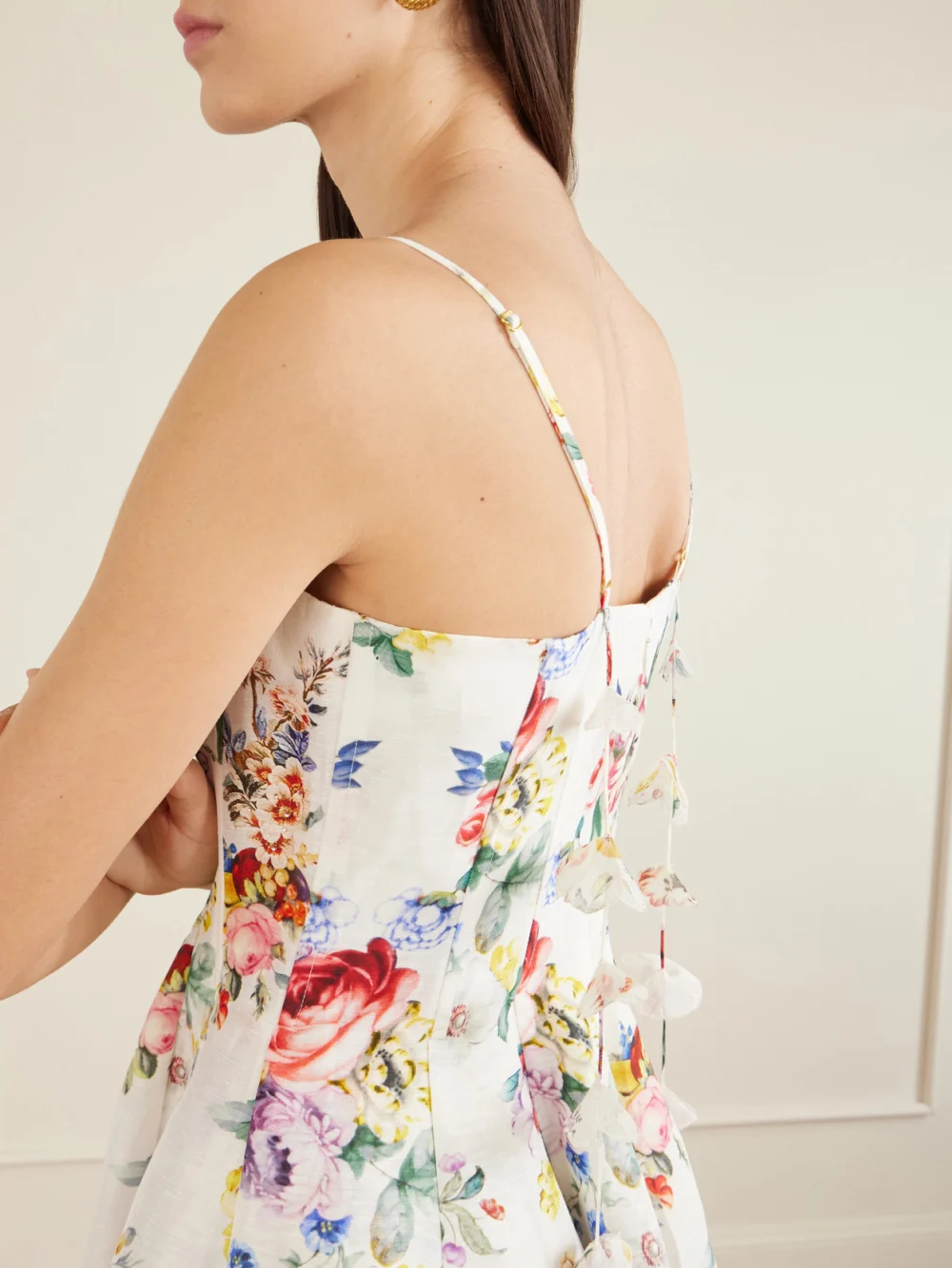 Close-up detail of the Camilla Paneled Embellished Floral-print Silk and Linen-blend Mini Dress