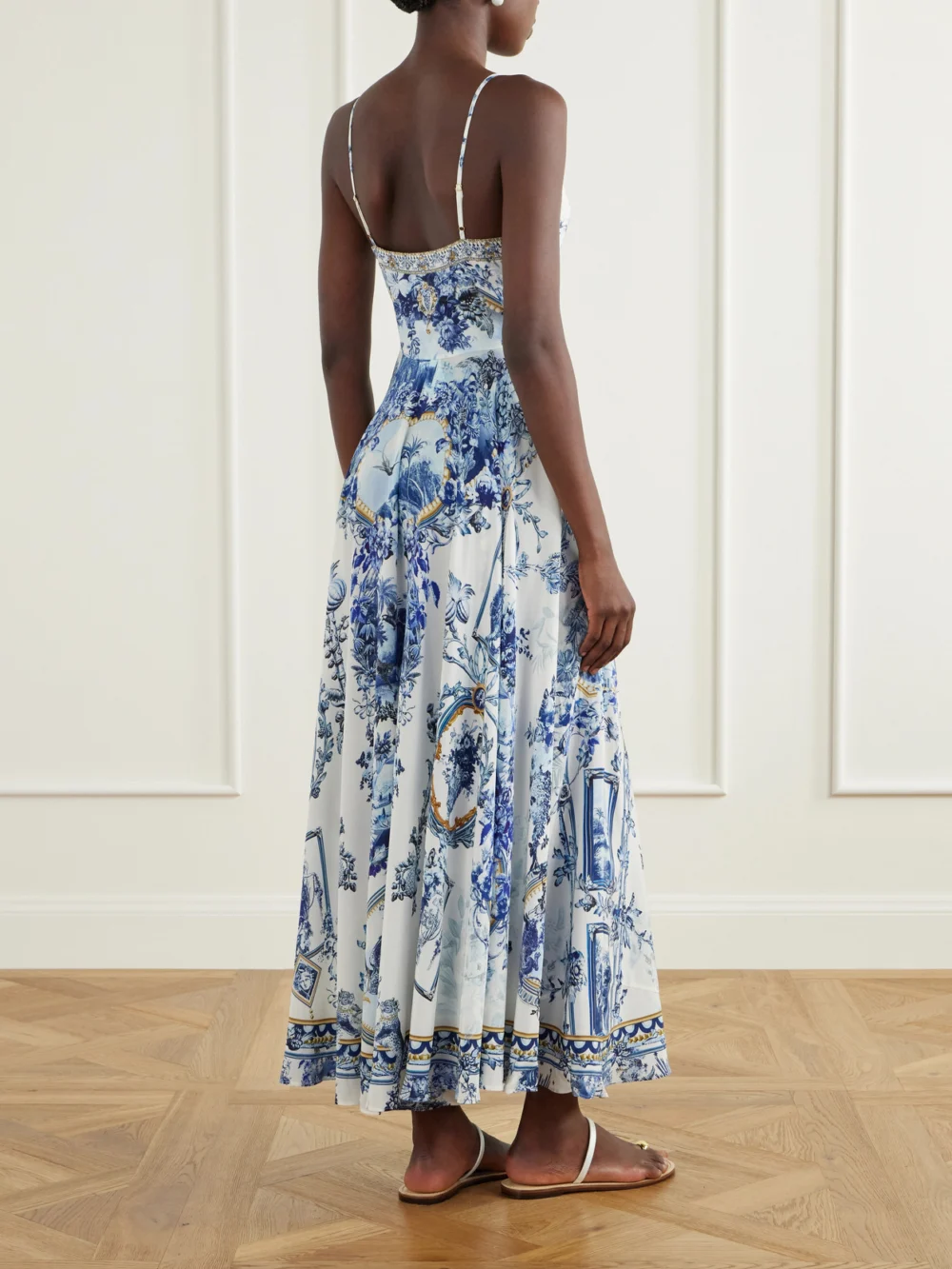 Back view of the Camilla Porcelain Parlour Tie-detail Crystal-embellished Printed Silk Maxi Dress