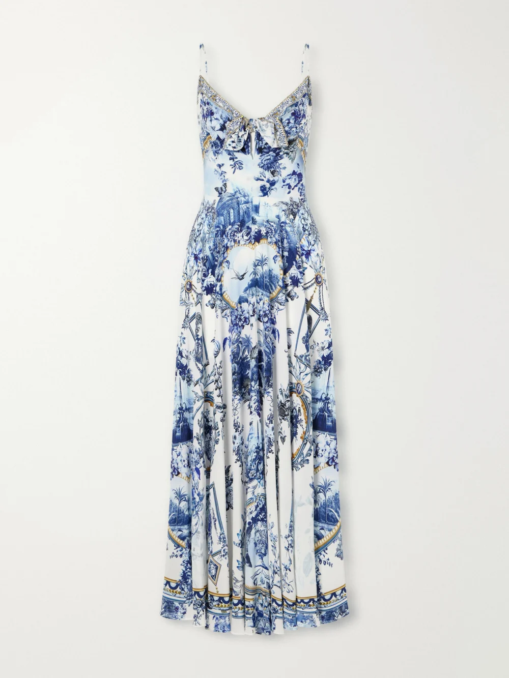 Camilla Porcelain Parlour Tie-detail Crystal-embellished Printed Silk Maxi Dress in blue