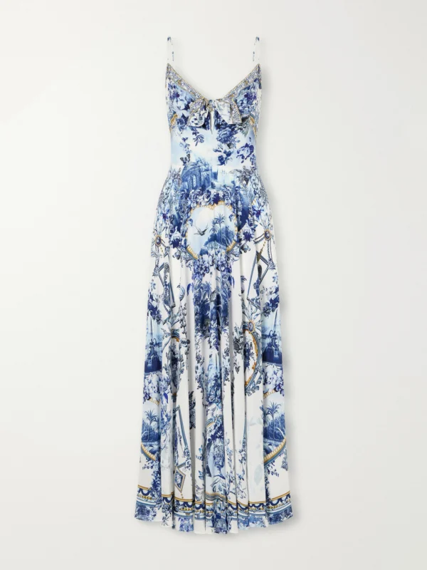 Camilla Porcelain Parlour Tie-detail Crystal-embellished Printed Silk Maxi Dress