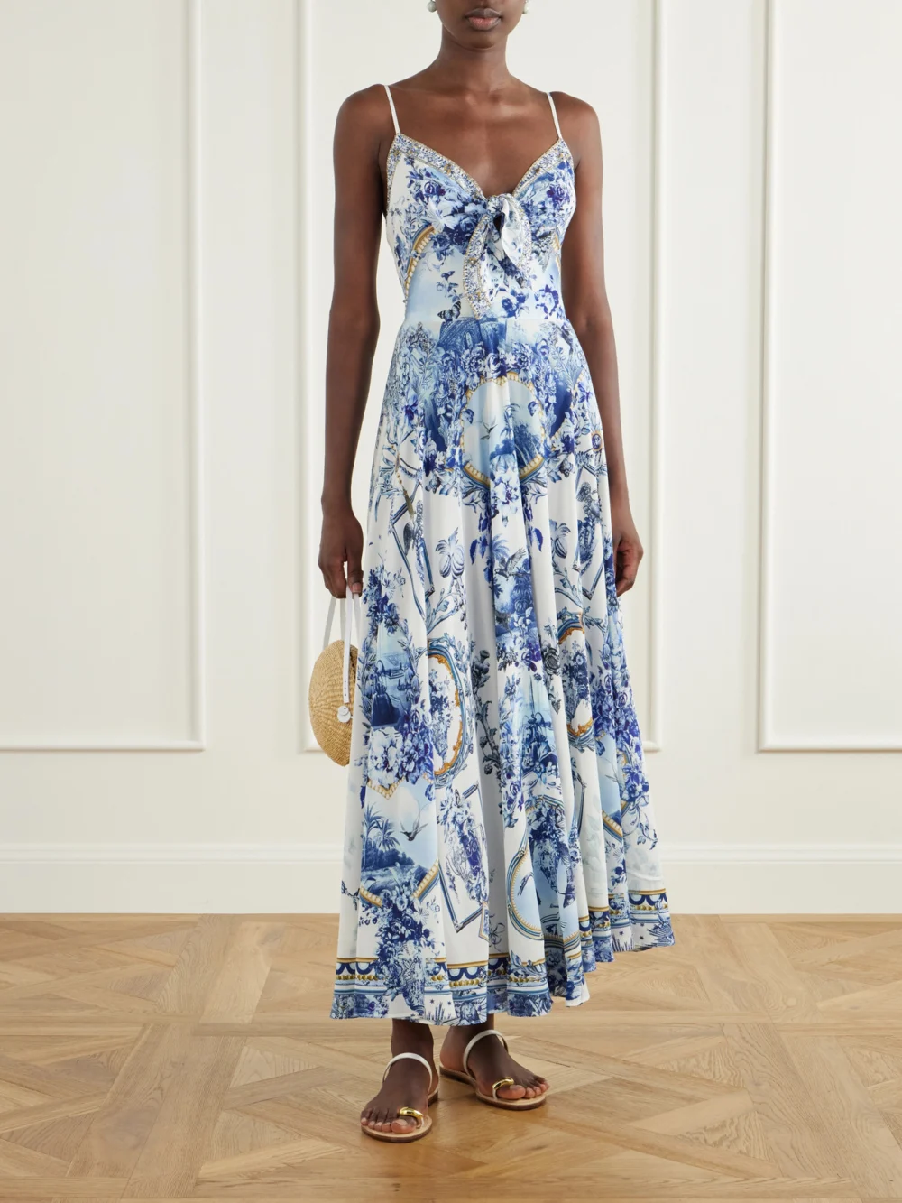 Camilla Porcelain Parlour Tie-detail Crystal-embellished Printed Silk Maxi Dress, worn by a model