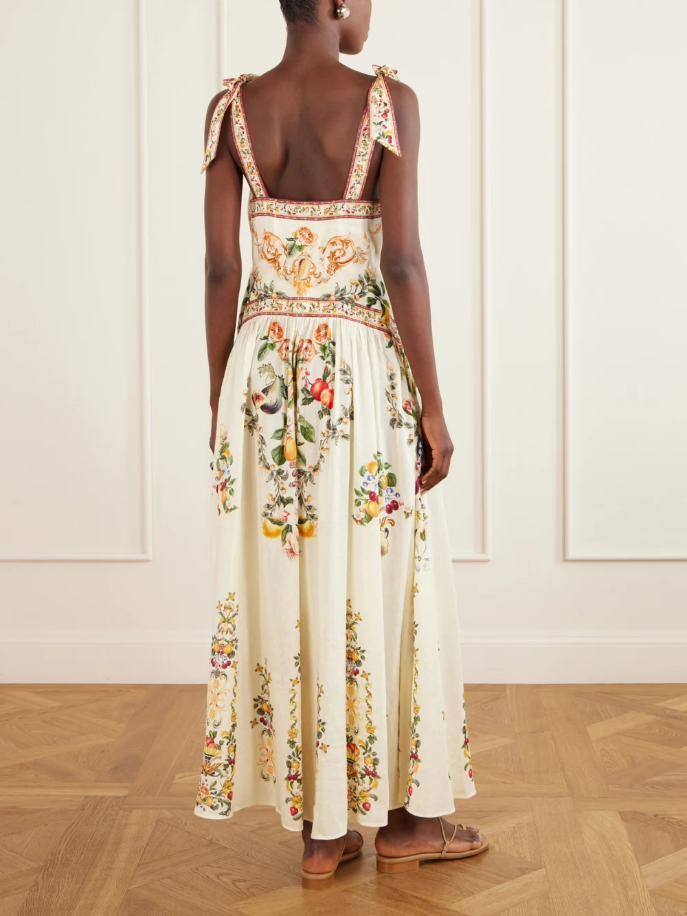 Back view of the Camilla Printed Embellished Linen and Silk-blend Maxi Dress