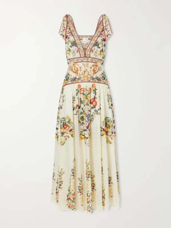 Camilla Printed Embellished Linen and Silk-blend Maxi Dress