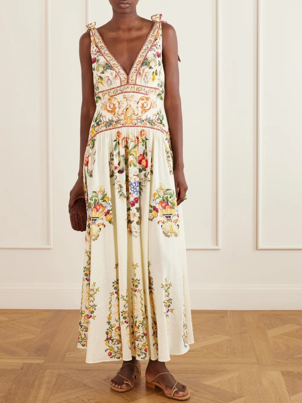 Camilla Printed Embellished Linen and Silk-blend Maxi Dress, worn by a model