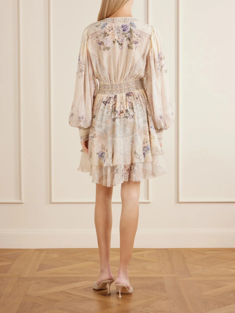 Back view of the Camilla Printed Embellished Silk-chiffon Midi Dress