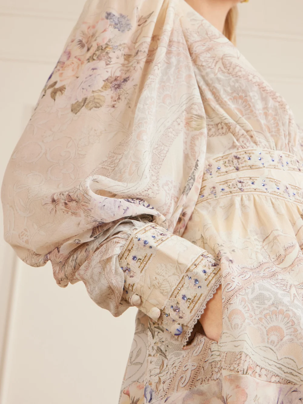 Close-up detail of the Camilla Printed Embellished Silk-chiffon Midi Dress