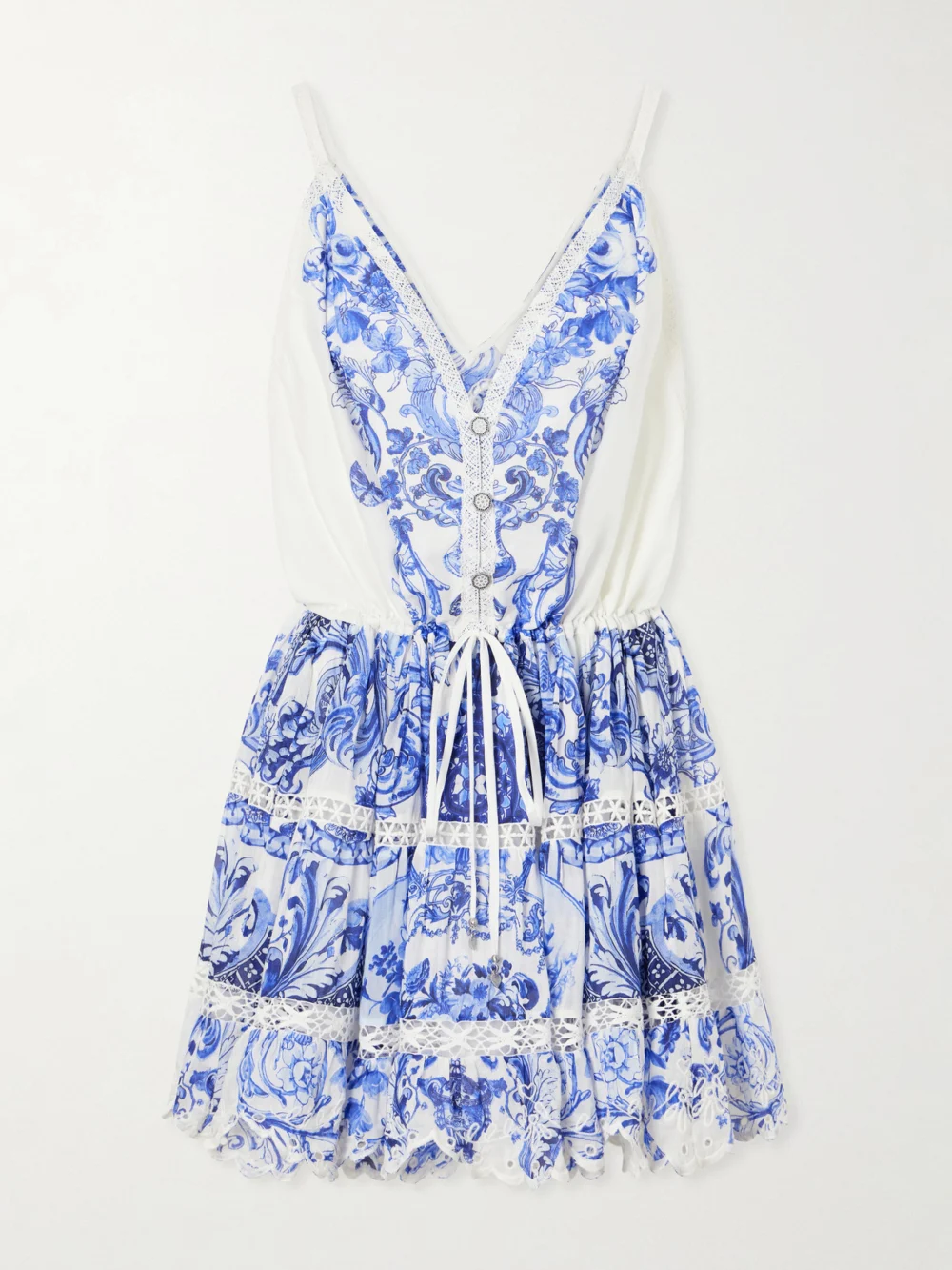 Camilla Printed Embroidered Cotton and Silk-blend Mini Dress in blue