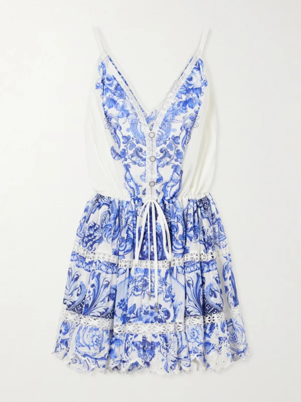 Camilla Printed Embroidered Cotton and Silk-blend Mini Dress