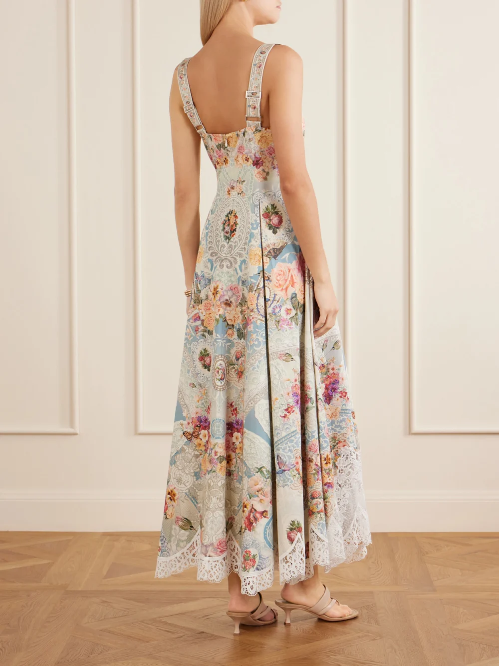 Back view of the Camilla Printed Lace-trimmed Cotton-blend Midi Dress