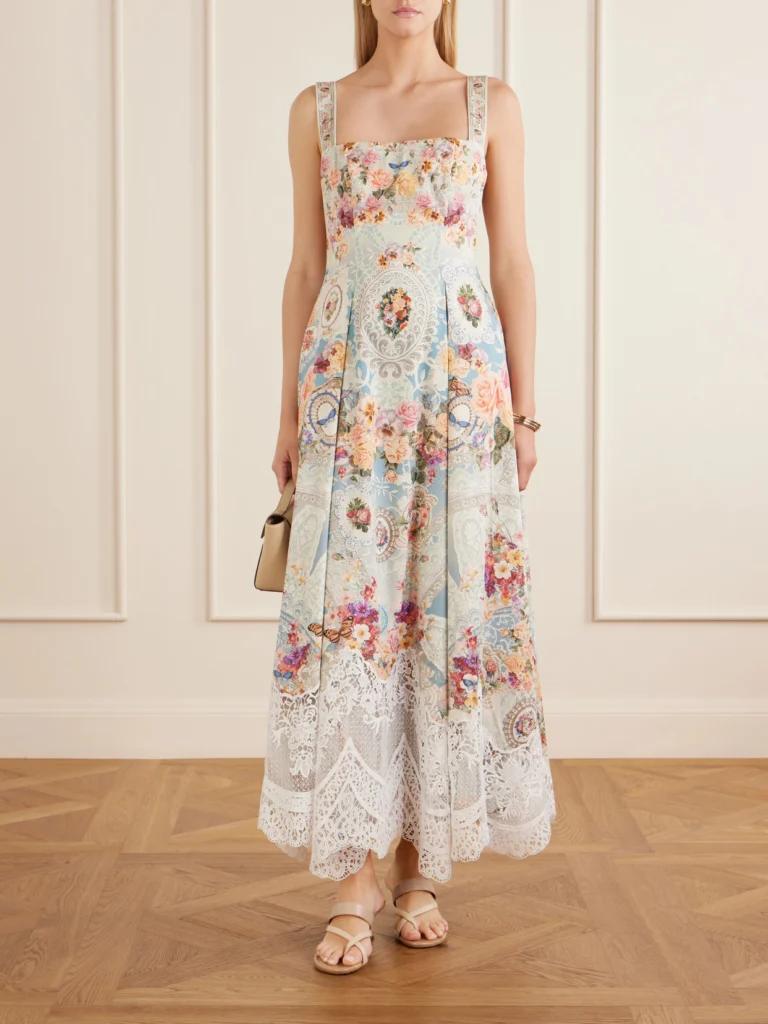 Camilla Printed Lace-trimmed Cotton-blend Midi Dress